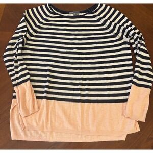 Vince Womens Striped Colorblock Cotton Knit Sweater Navy White Peach Size XS